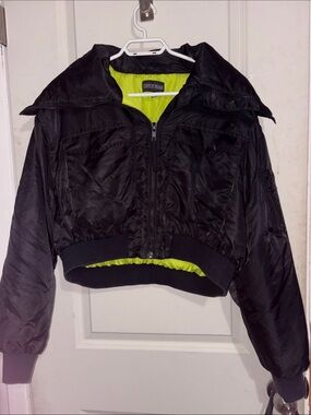 Current Mood Black Cropped Bomber Jacket with Neon Green Lining